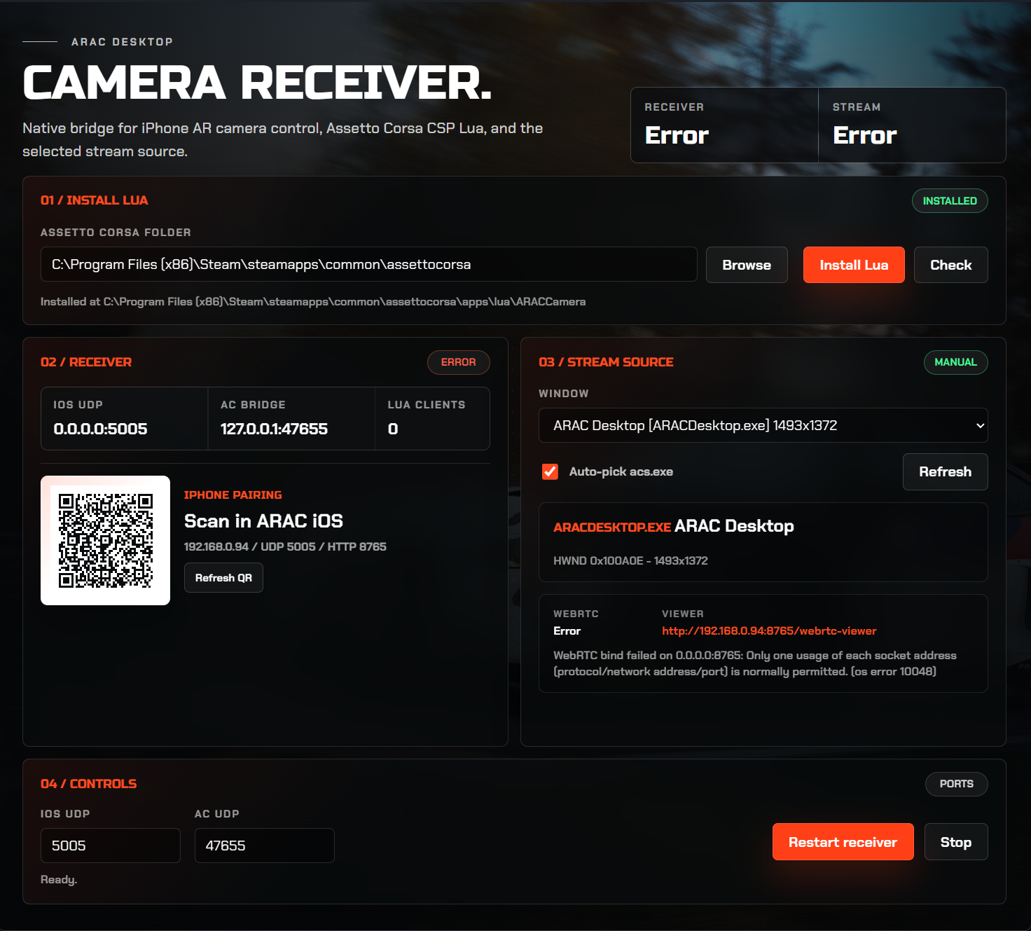 ARAC Desktop receiver interface with Lua install, receiver pairing, stream source, and controls.